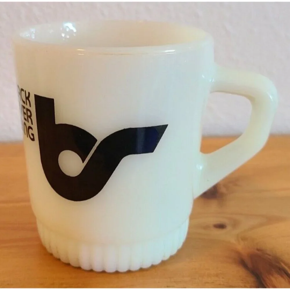 Vintage Anchor Hocking Fire King Milk Glass Advertisement Mug Black River Mining